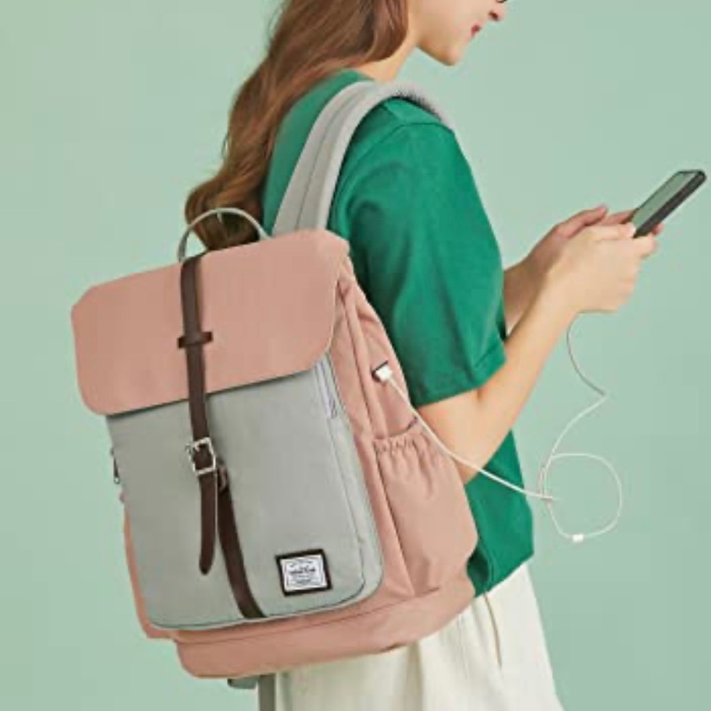 Women’s pink and grey laptop backpack.
